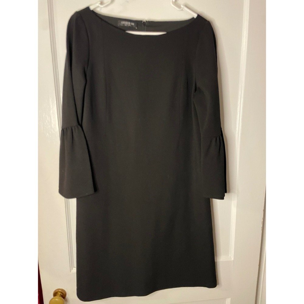 Lafayette 148 New York Black Bell Sleeve Boat Neck Sheath Dress Size M